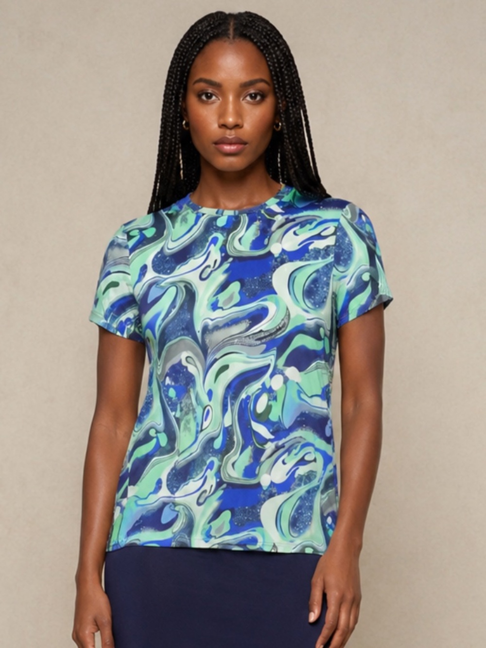 L"AGENCE | Navy Blue and Mint Short Sleeve Marbled Top | Size Large
